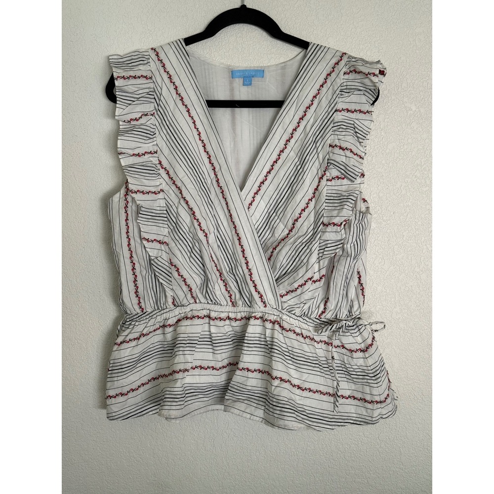 Draper James Striped Ruffle Peplum Top White Navy Red Floral Embroidery Large